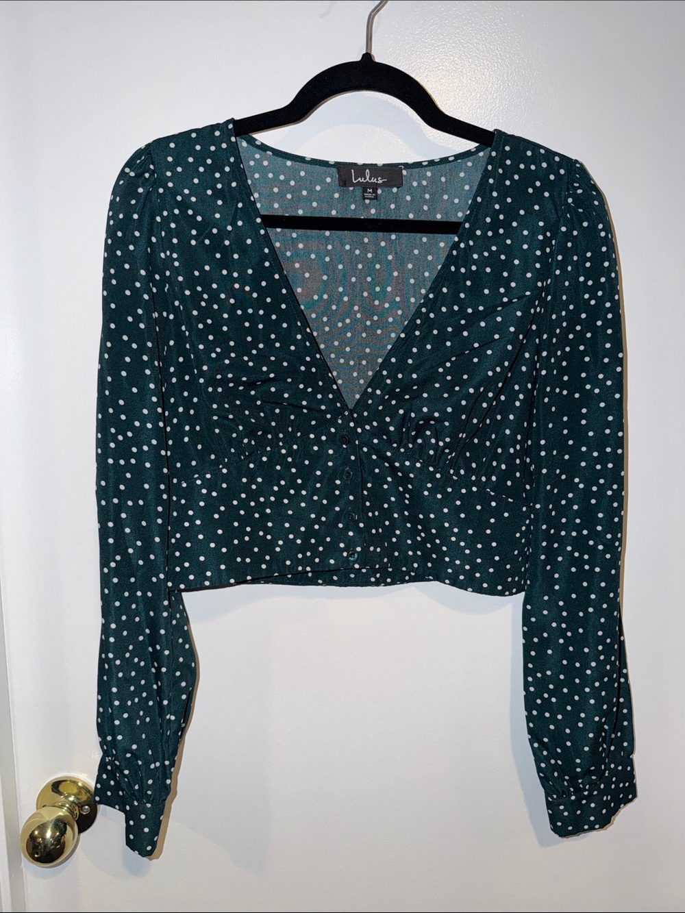 Lulu's Deep Jade Polka Dot V-Neck Cropped Blouse